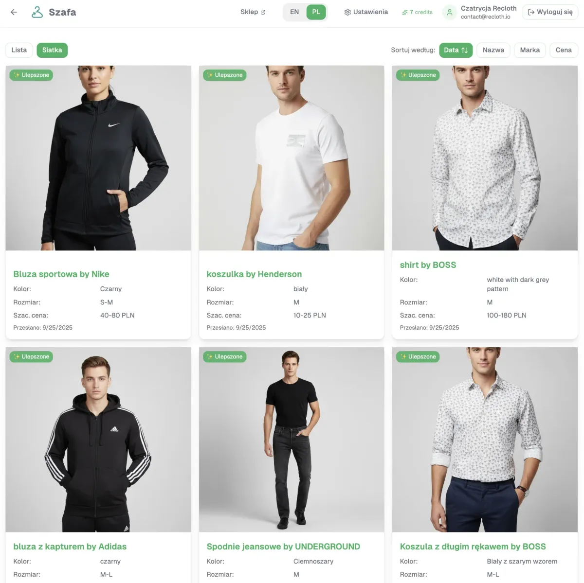 Recloth wardrobe: clothing items with brand, size and estimated price
