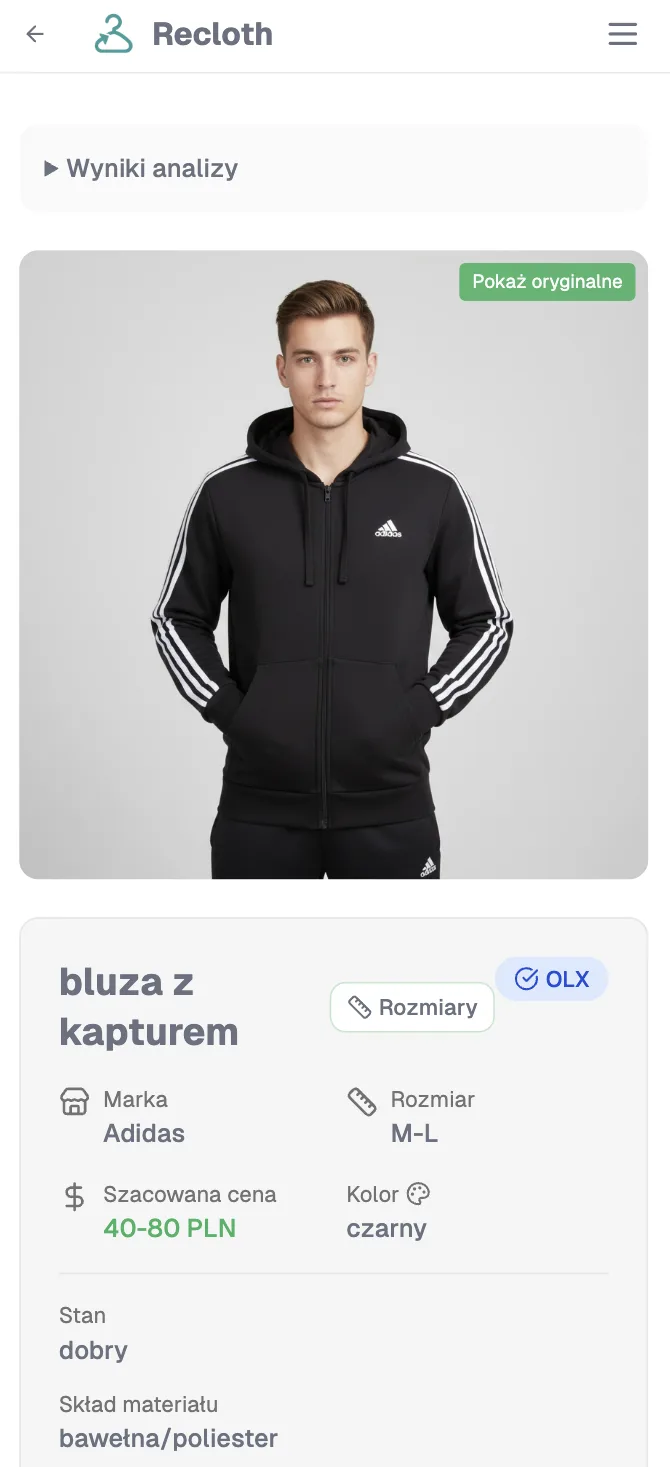Recloth on mobile: a photographed hoodie analysed for brand, size, colour and estimated price