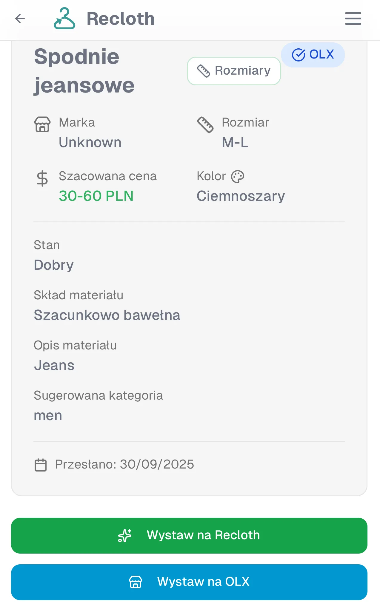 Recloth on mobile: listing details for jeans, ready to list on Recloth or OLX